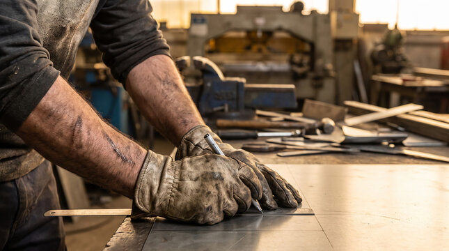 Close-up of a metalworker wearing leather gloves marking a sheet of steel with a scriber and ruler in a workshop.
