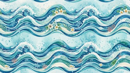 Hawaiian pattern blue watercolor ocean waves with flowers seamless background hawaiian watercolor plumeria tropical