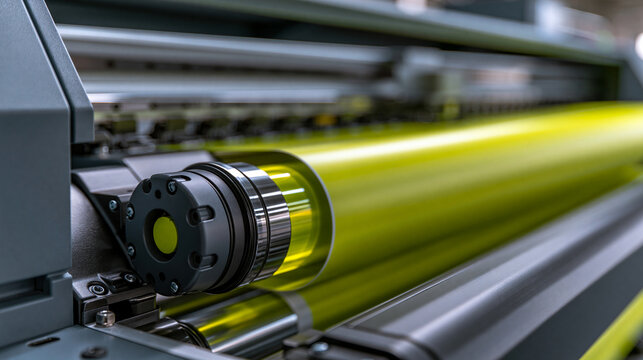 Close-up of industrial large format printer rolling yellow vinyl material with printing, industrial