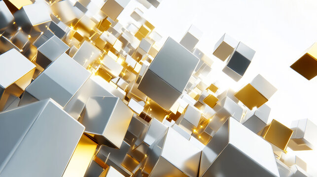 Abstract 3D rendering of floating gold and silver metallic cubes on white background