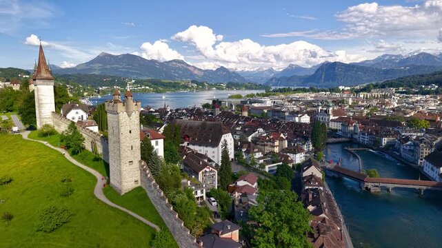 Aerial view of Lucerne city walls and towers in Switzerland