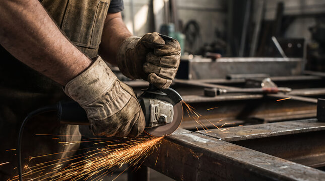 Close-up of a metalworker wearing protective gloves using an angle grinder to cut steel in a workshop.