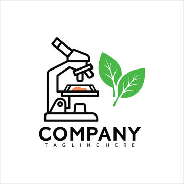 A minimalist line art logo featuring a microscope examining a sample next to two vibrant green leaves, representing scientific research, biology, and natural product development.