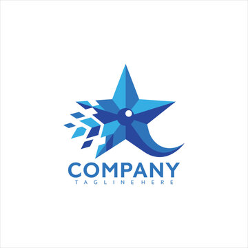 A modern blue star logo with a digital pixelated trail, representing a company or brand focused on technology, speed, or innovation.