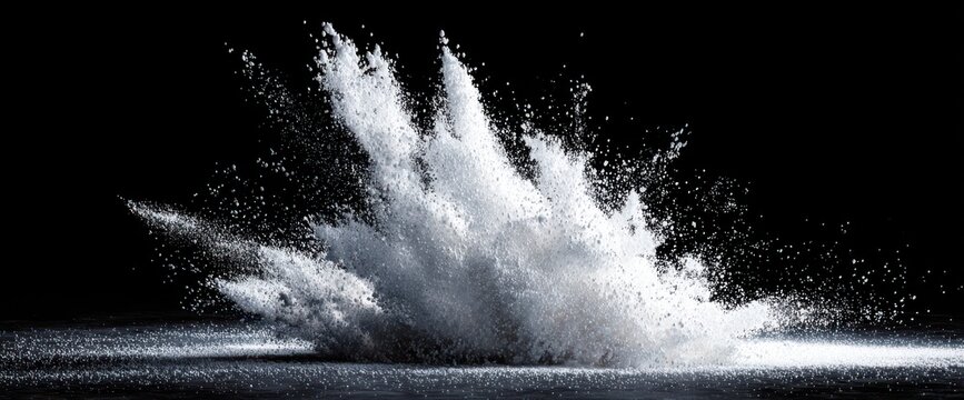 White powder explosion impacting solid dark surface with explosion particle abstract highspeed isolated particulate splatter volcanic whiteness fragment momentum