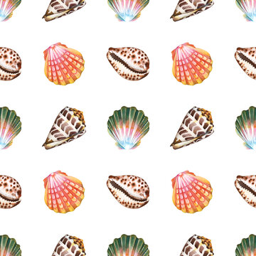 Hand-painted seamless watercolor pattern with colorful seashells. Perfect for fabric, wallpaper, wrapping paper, stationery, packaging, beach-themed decor, and coastal surface pattern design.