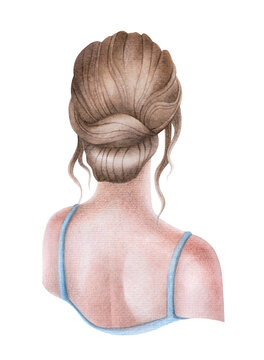 Hand-painted watercolor illustration of a woman from the back with an elegant braided updo. Perfect for beauty branding, hair styling, fashion, cosmetics, wellness, spa, greeting cards