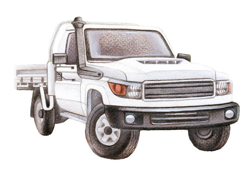 Hand-painted watercolor illustration of a white utility truck (ute). Perfect for transportation, construction, agriculture, fleet branding, commercial vehicles, and educational materials