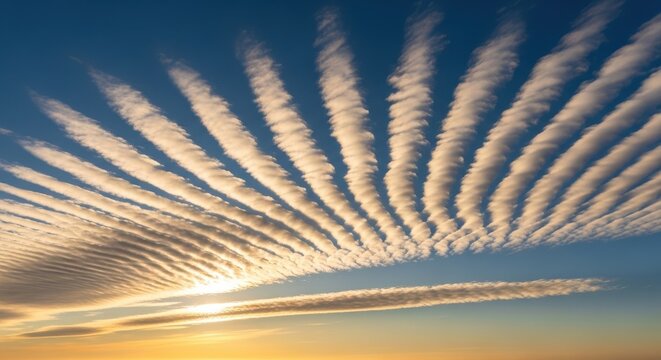 Delicate cirrocumulus undulatus clouds arranged in a fan pattern across the sky
