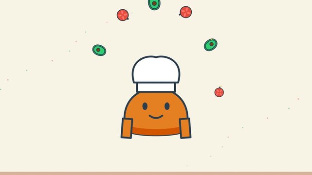 Cute Orange Cartoon Chef Character with Floating Vegetables