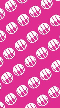 Seamless pattern of hand-drawn piano keys inside circles on an abstract vertical pink background animation with cute round musical keyboard instrument doodle line art wallpaper.