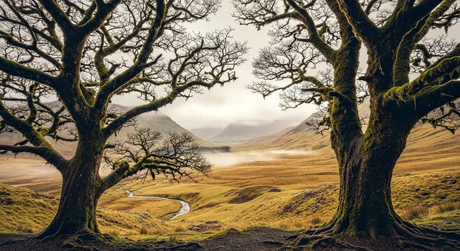A cinematic wide shot of two ancient mossy trees framing a misty mountain valley with a winding river.