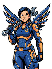 Obraz premium Female engineer in cool suit with wrench