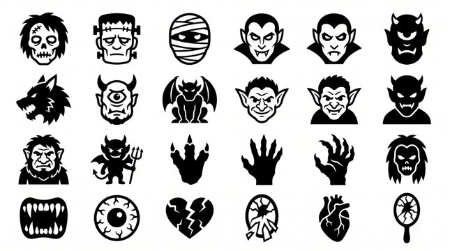 Monsters and mythical creatures silhouette icon collection with creature