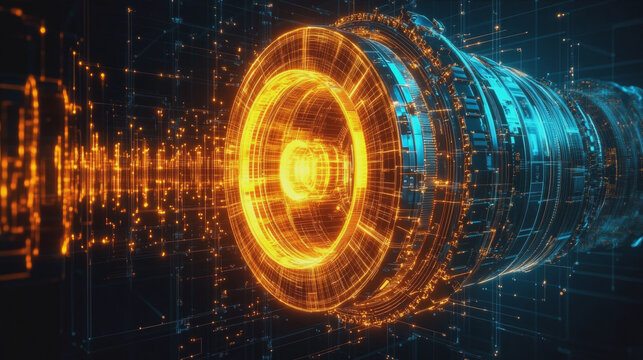 Futuristic cybernetic engine core with glowing gold and blue circuits, abstract sci-fi quantum energy reactor concept background