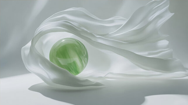 Abstract elegant background with a green jade sphere wrapped in flowing white silk fabric