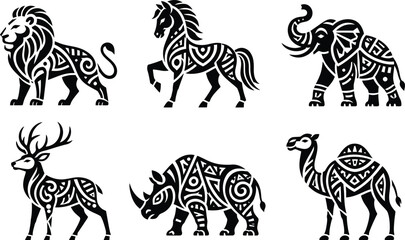 Set of 6 black tribal aztec animals - lion king, horse stallion, elephant with trunk up, deer stag with antlers, rhino and camel, bold geometric mandala pattern with swirls and ornaments, perfect for  © Netsolbiz