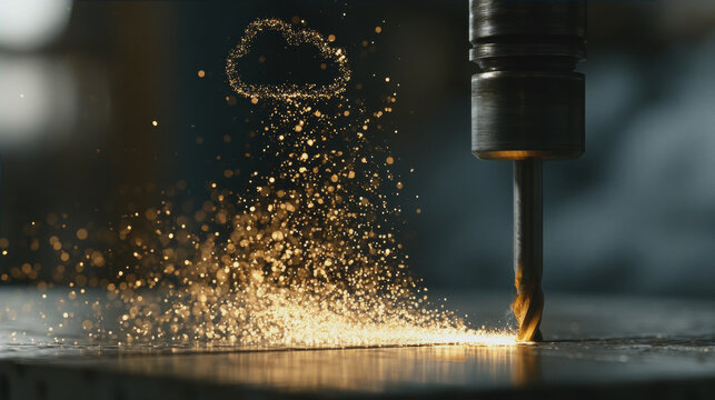 Industrial drill bit milling metal surface with glowing golden sparks forming a cloud shape, cloud computing concept