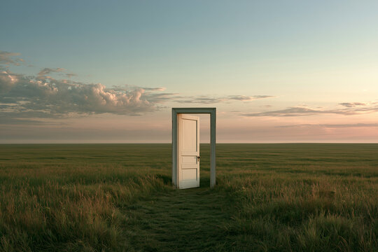 Single open door standing alone in a calm green field under soft sky minimal conceptual still life on pastel background