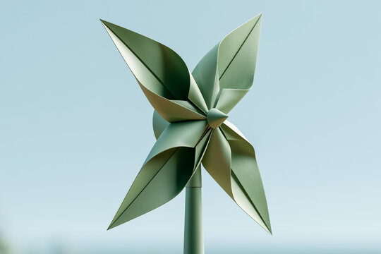Origami paper windmill turbine against a clear sky minimal conceptual still life on pastel background