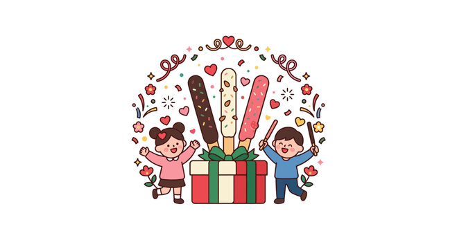 Joyful Children Celebrating with Gift Box and Party Pocky Sticks