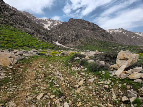 A rocky mountain path leads toward snow-capped peaks with wildflowers and green slopes on a spring day.
📍 Hawraman Takht, Kurdistan, Iran 