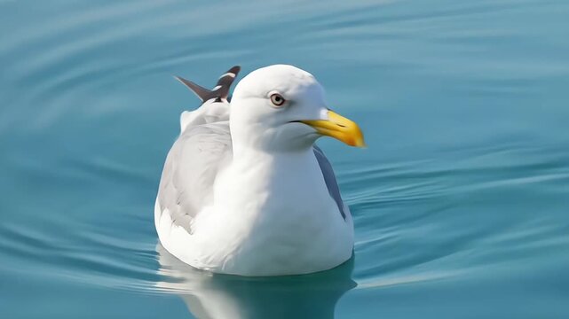 Graceful Seagull Floating on Calm Blue Ocean Water in Cinematic Wildlife Footage