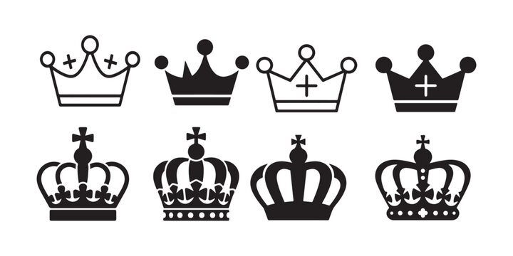 Royal crown icon set showing various black silhouette designs for monarchy and kingly designations.