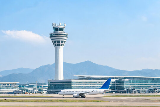 A commercial aircraft is on the runway of a modern airport, with the control tower and terminal buildings in view.
