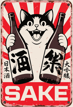 Vintage Japanese sake tin sign attractor decor, cartoon cat holding two bottles with Japanese characters and red sunburst, 1950s retro advertising, for themed cafes, adding charm and nostalgia
