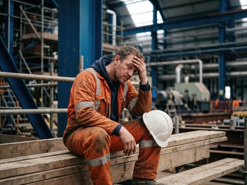 Stressed construction worker in orange coveralls sitting on wooden beams inside a large industrial factory with blue steel beams and scaffolding in the background