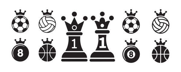 Collection of sports and game icons with crowns depicting excellence in various activities. © MDRASELAL
