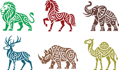 Set of 6 colorful tribal aztec animals - green lion king, red horse stallion, brown elephant, blue deer stag with antlers, copper rhino and olive camel, bold geometric mandala pattern with swirls, per © Netsolbiz