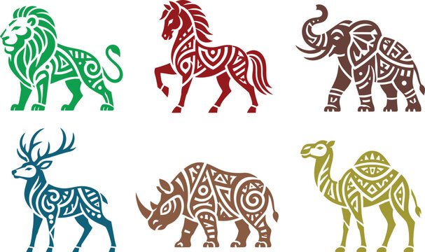 Set of 6 colorful tribal aztec animals - green lion king, red horse stallion, brown elephant, blue deer stag with antlers, copper rhino and olive camel, bold geometric mandala pattern with swirls, per