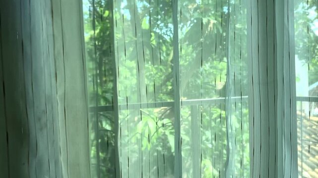 Green tropical nature and trees viewed through a mossy or tinted glass window, representing the connection between indoor living space and lush outdoor tropical environment.