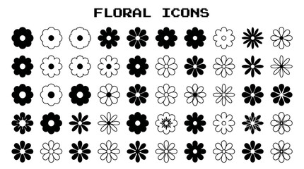 Obraz premium Collection of minimalist black and white floral icons set on white background, perfect for graphic design, digital interface and pattern creation