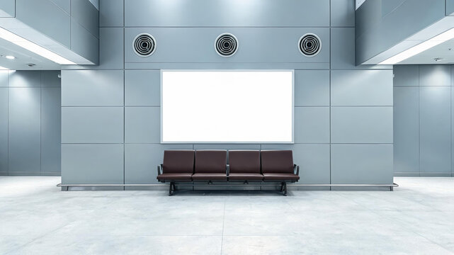An empty modern indoor waiting space with a row of seats, a blank display screen, and paneled walls.
