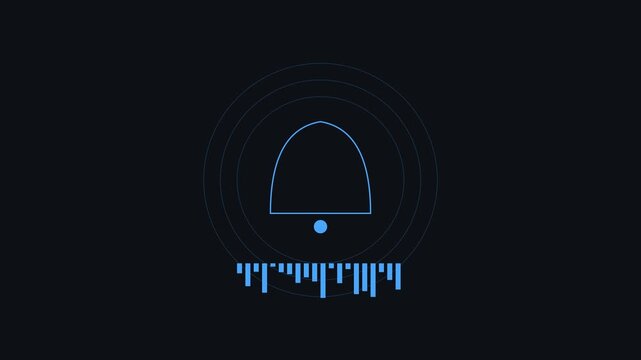 Digital notification bell with animated audio waveform and pulse rings for ui animation 4k alert