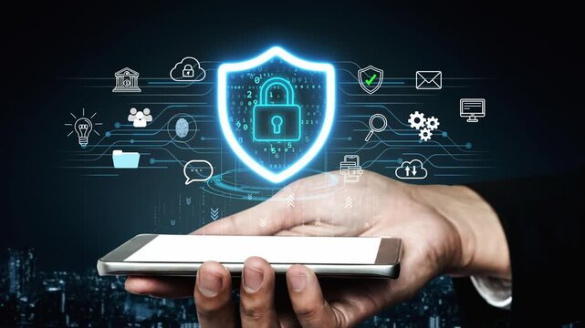 Hands Holding Smartphone with Digital Security Shield and Icons Representing Data Protection, Communication, and Technology in a Dark Background. Entropy.