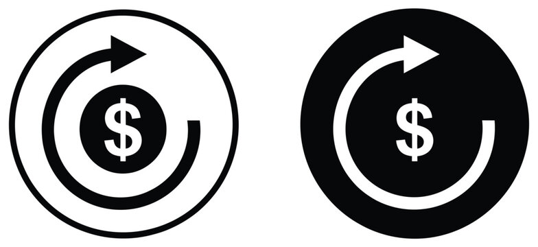 Money return and refund icons with circular arrow and dollar symbol for finance, payment recovery, cashback, reimbursement, and banking services, vector