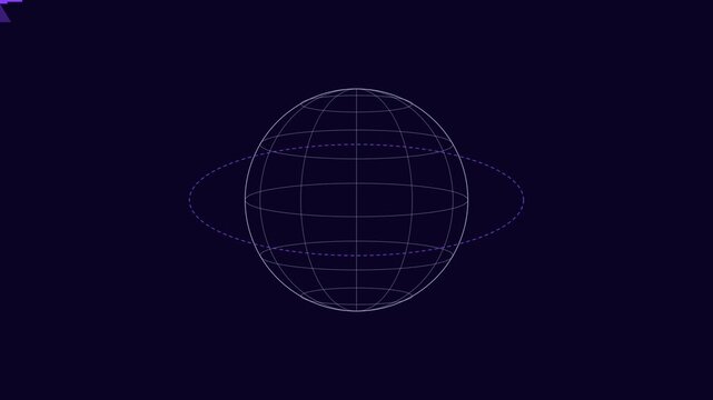 Digital wireframe globe with orbiting rings, abstract technology 4k background, animation