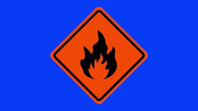 A clean graphic render of a diamond-shaped flammable warning sign with a black fire symbol on a vibrant red-orange background, isolated on a blue chroma key screen. Perfect for industrial safety, chem