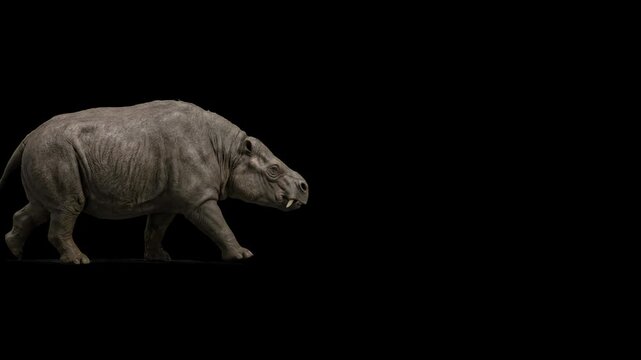 Detailed 3D model of a prehistoric Inostrancevia (Gorgonopsian saber-toothed therapsid) walking, isolated against a solid pitch-black background. Perfect for paleontology documentaries, Permian era hi