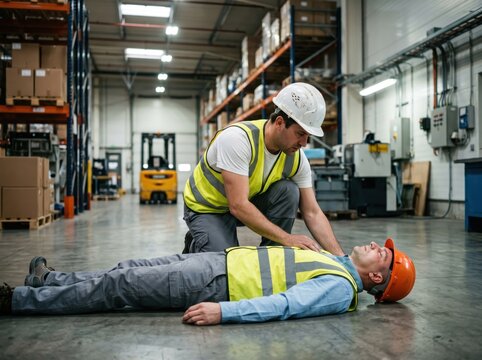 Warehouse worker in white hard hat checking pulse of unconscious colleague wearing orange helmet on concrete floor between industrial storage racks and forklift