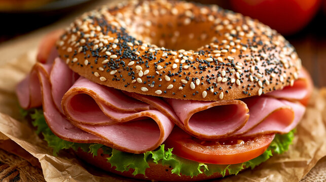 Close up of ham and tomato sandwich on sesame bagel with sandwich breakfast delicious