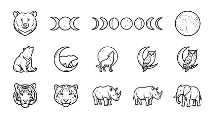 Mystical Wildlife Icons: Bear, Wolf, Owl, Tiger, Rhino, Elephant, Moon Phases © Quntul