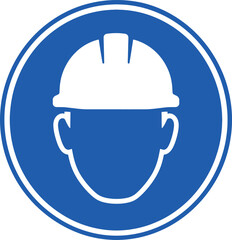 Fototapeta premium Hard hat safety icon in blue circle representing mandatory head protection for work zones.