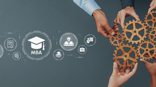 Hands Collaborating Over Gear Symbols Representing Education, Business Management, and Master of Business Administration Concepts in a Creative Design. Entropy.