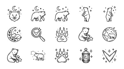 Obraz premium Cute Bear Icons Set: Night, Stars, Nature, Paw Prints, Lantern, Earth, Zodiac