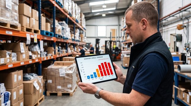 Warehouse manager analyzing inventory levels on tablet in warehouse